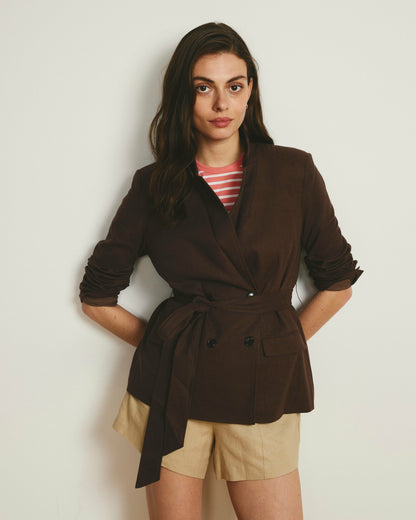 Universal Standard Belted Double Breasted Linen Blend Blazer - Sophisticated Brown