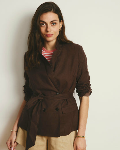 Universal Standard Belted Double Breasted Linen Blend Blazer - Sophisticated Brown