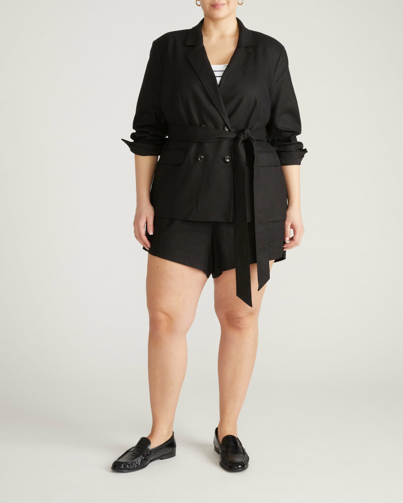 Universal Standard Belted Double Breasted Linen Blend Blazer - Black