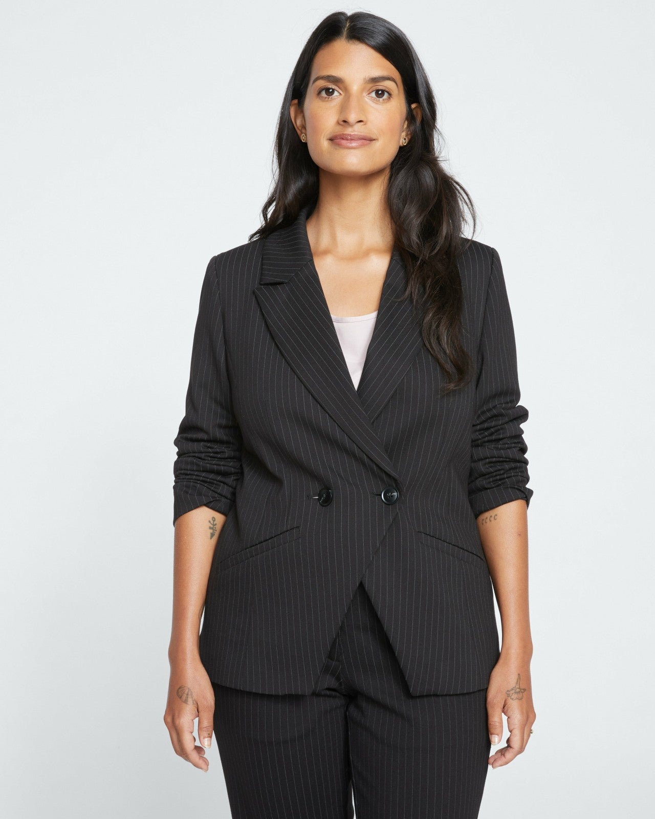 Universal Standard Bianca Double Breasted Ponte Blazer - Slate Pinstripe