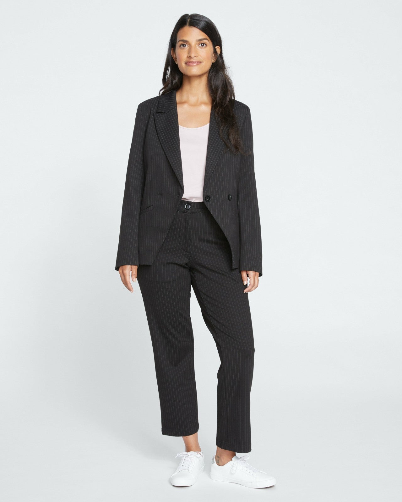 Universal Standard Bianca Double Breasted Ponte Blazer - Slate Pinstripe