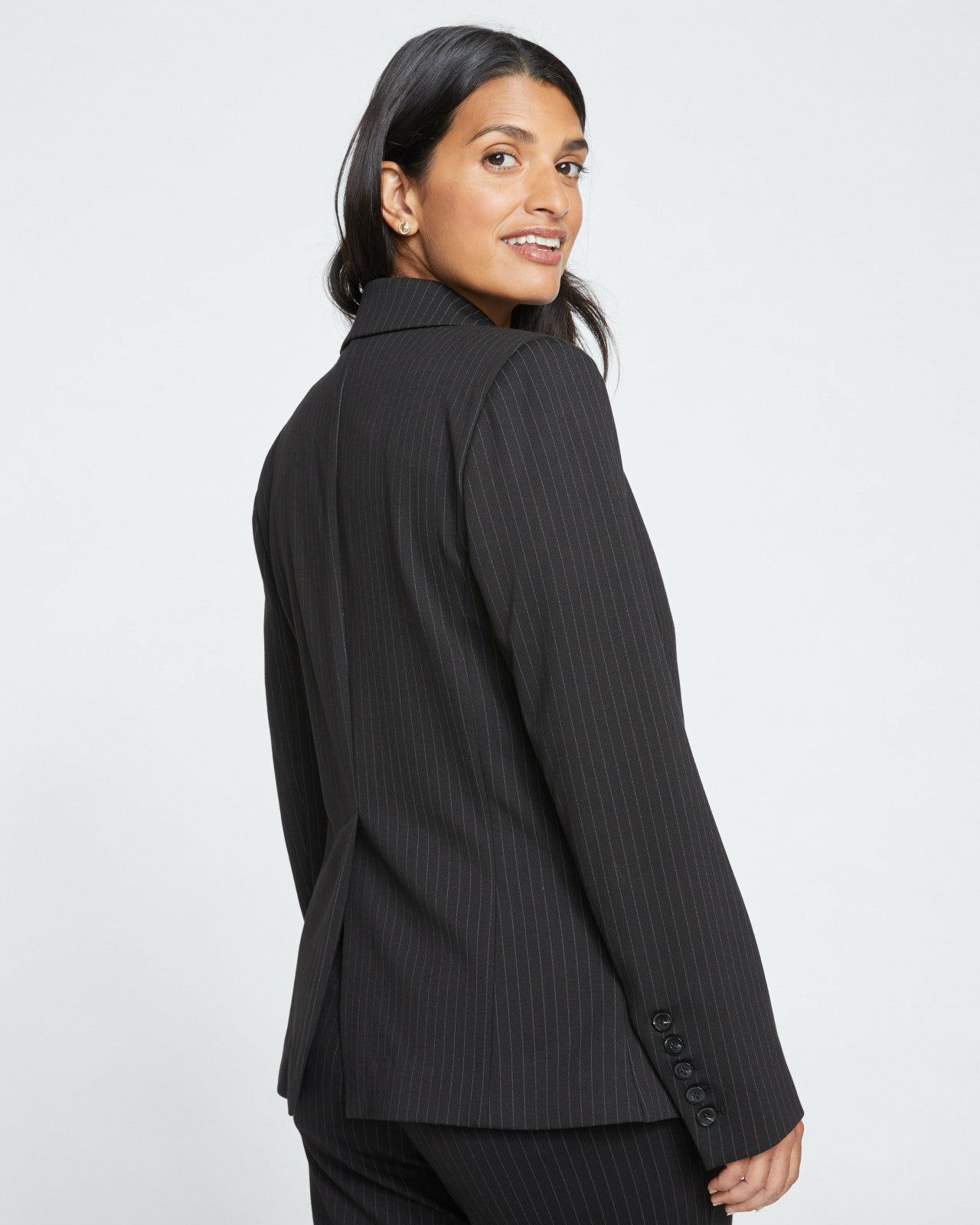 Universal Standard Bianca Double Breasted Ponte Blazer - Slate Pinstripe