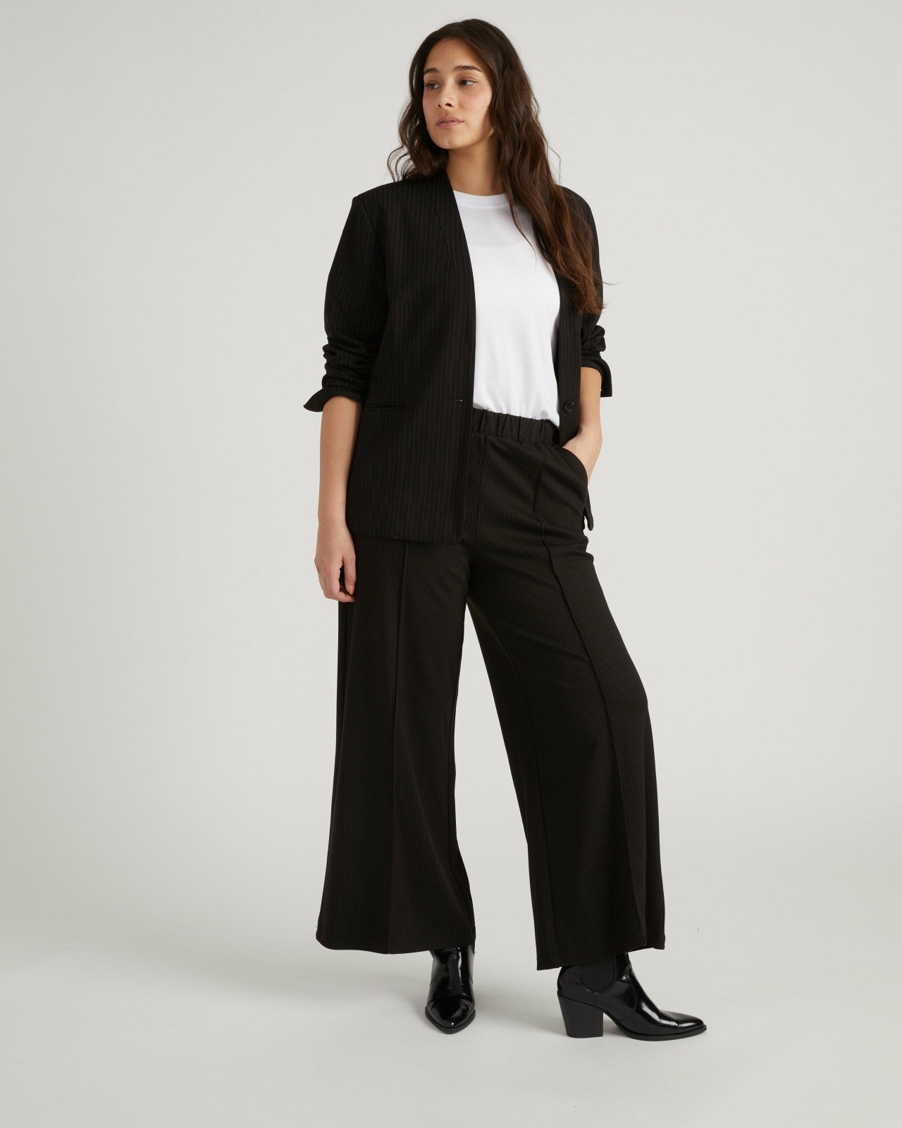 Universal Standard Lennox Collarless Ponte Blazer - Slate Pinstripe