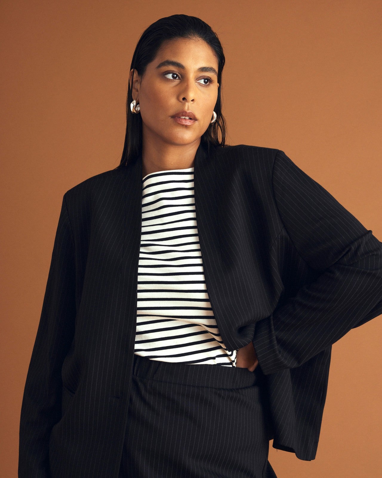 Universal Standard Lennox Collarless Ponte Blazer - Slate Pinstripe