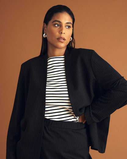 Universal Standard Lennox Collarless Ponte Blazer - Slate Pinstripe