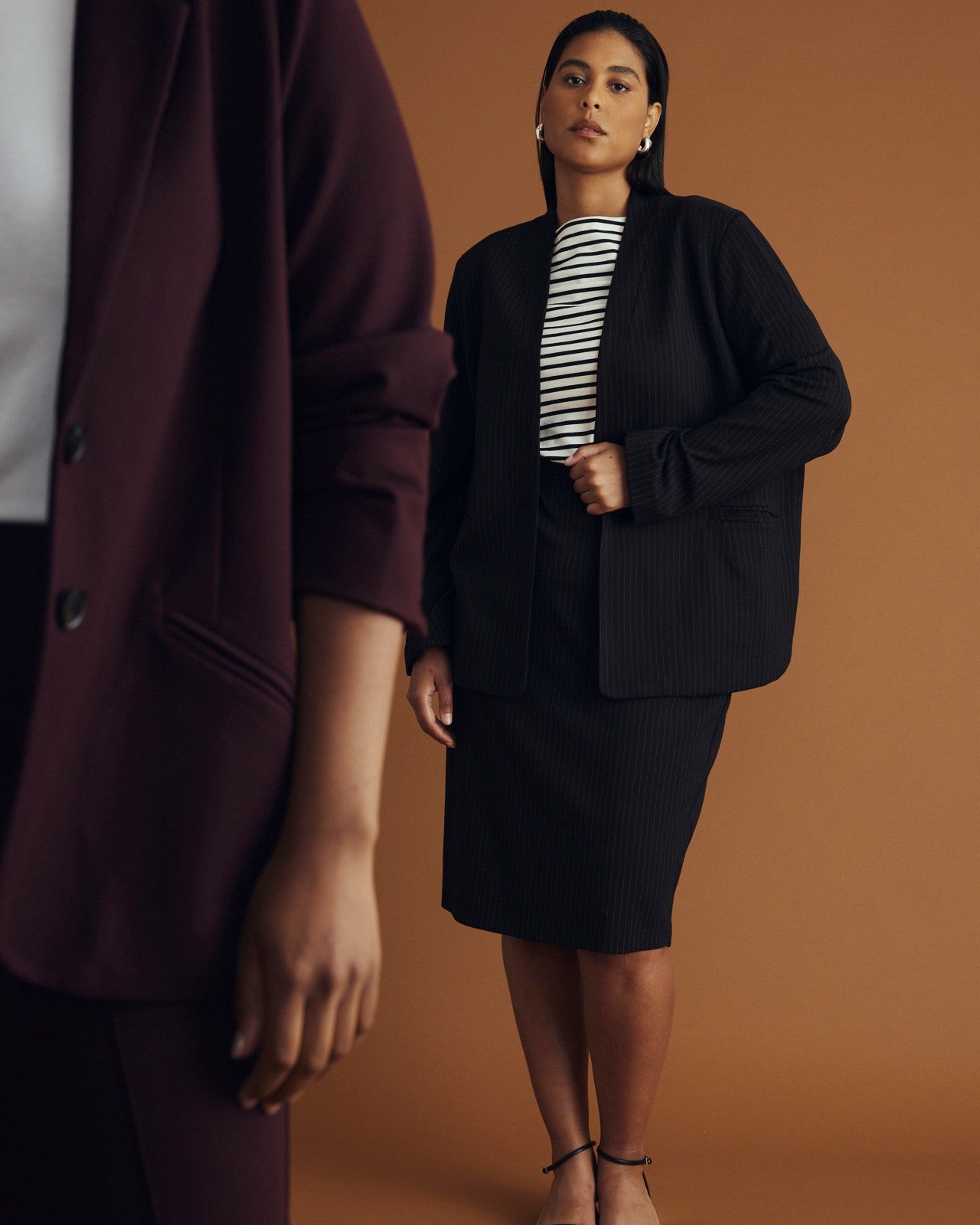 Universal Standard Lennox Collarless Ponte Blazer - Slate Pinstripe
