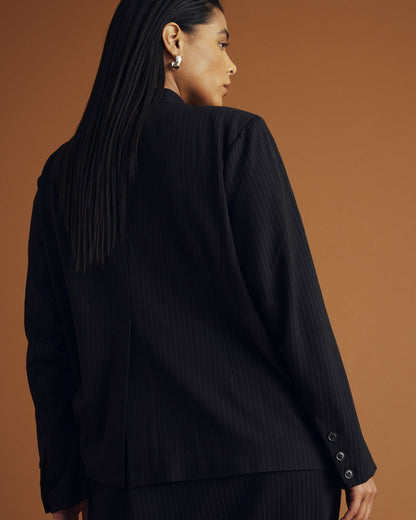 Universal Standard Lennox Collarless Ponte Blazer - Slate Pinstripe
