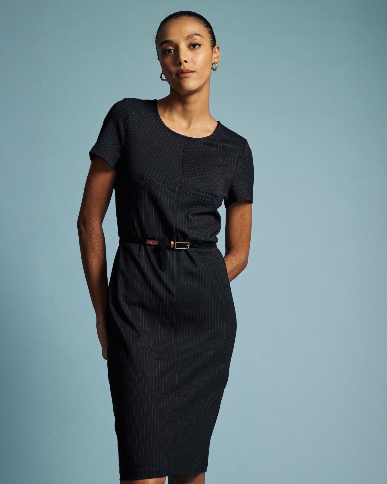 Universal Standard Executive Ponte Dress - Slate Pinstripe