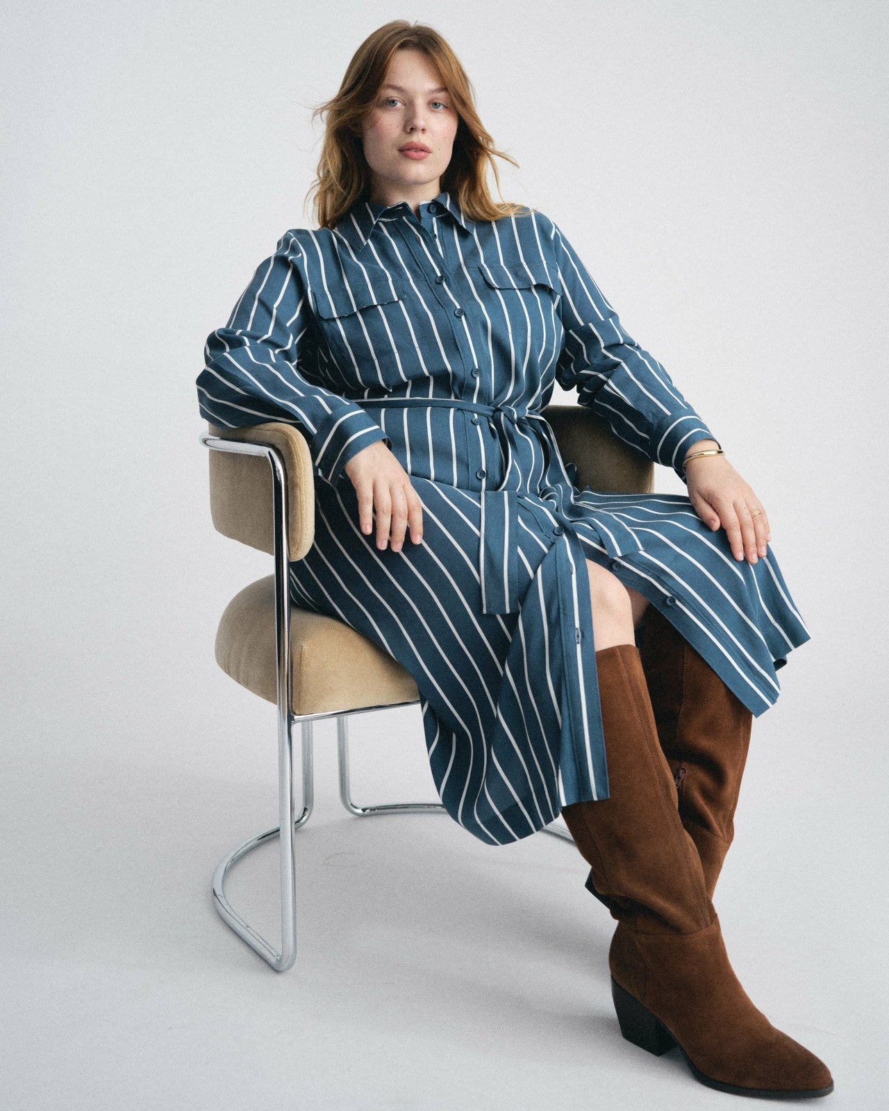 Universal Standard Cooling Stretch Cupro Savannah Dress - Ensign Blue/White Stripe