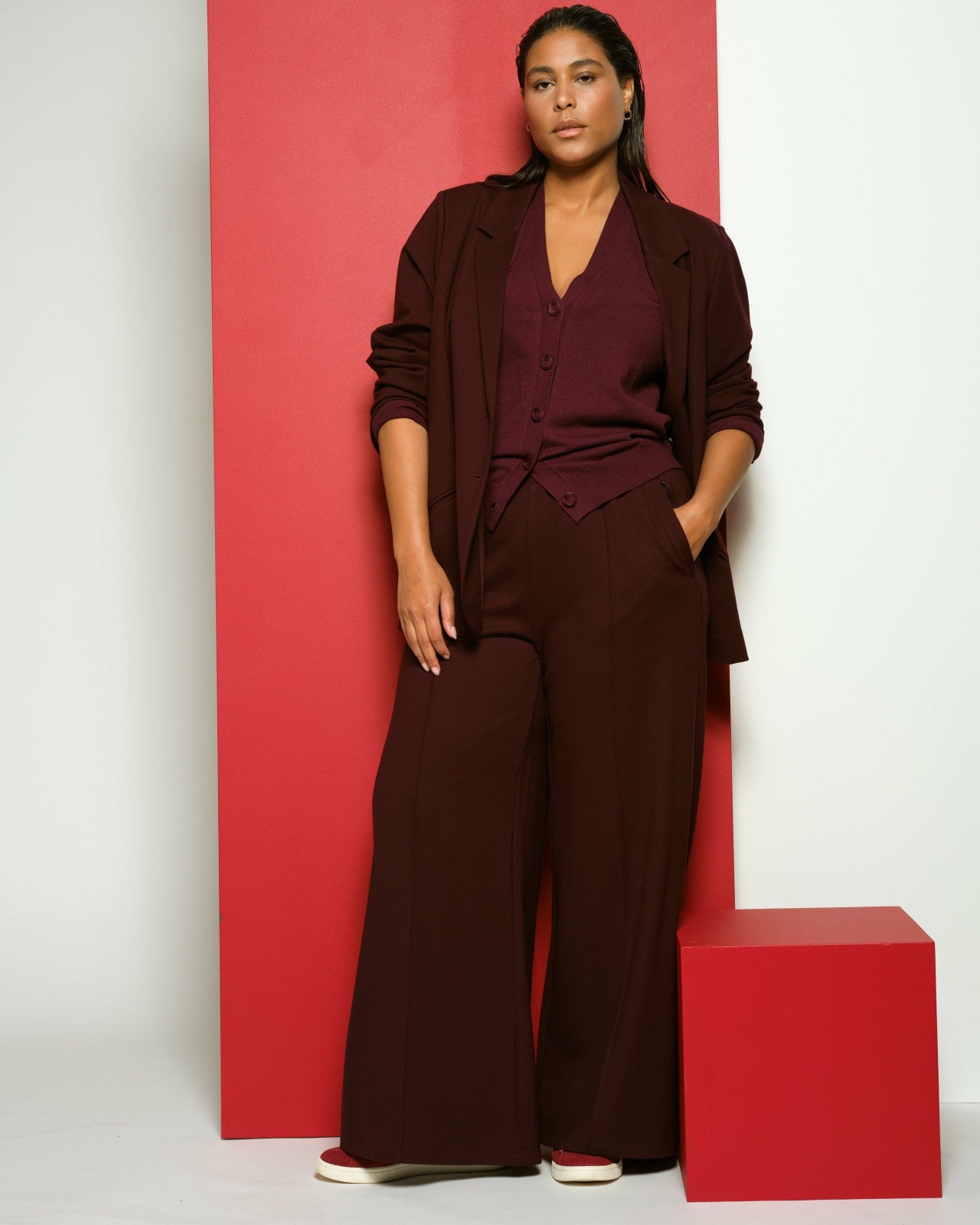 Universal Standard Pam Pintuck Wide Leg Ponte Pants - Black Cherry