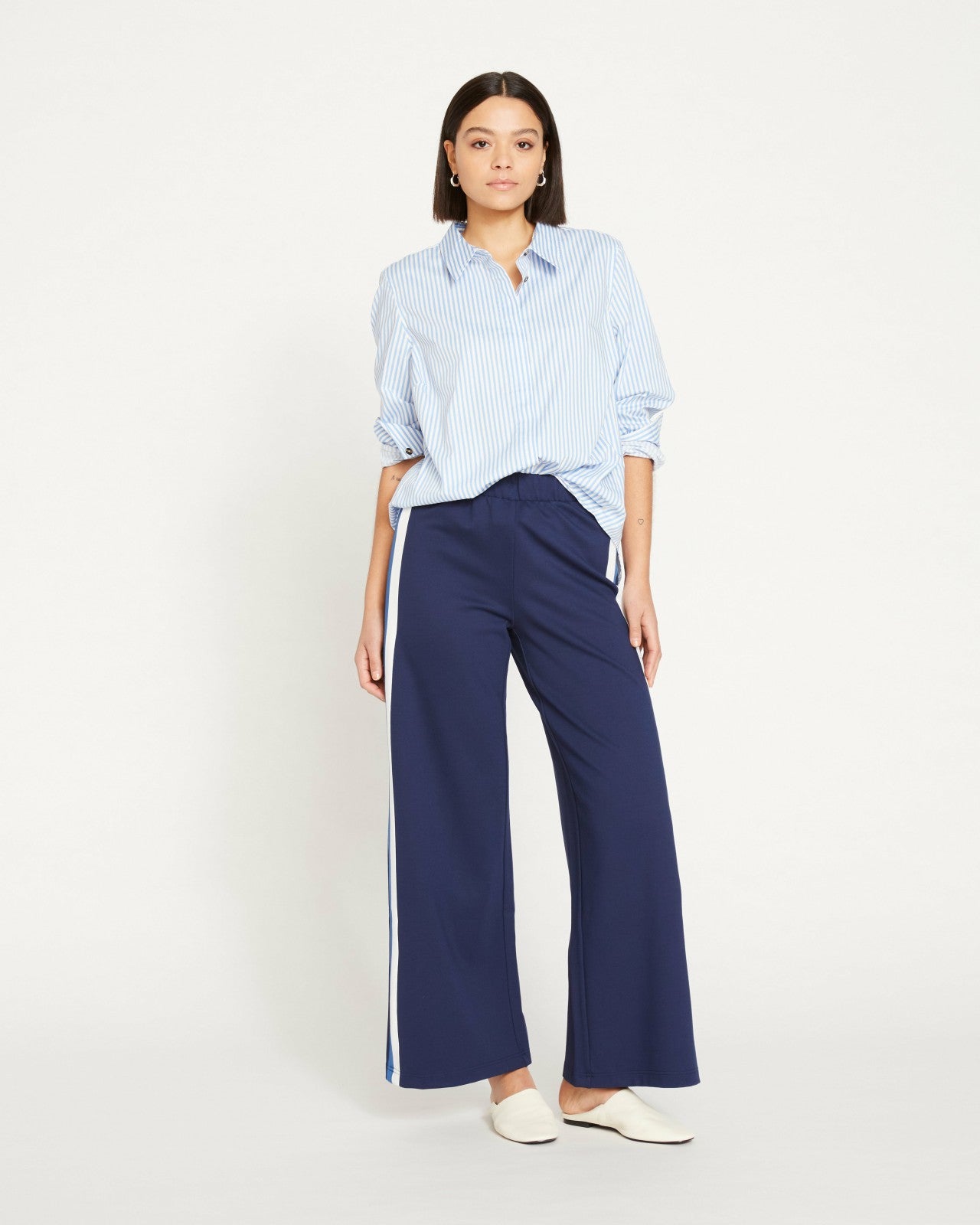 Universal Standard Stephanie Wide Leg Stripe Ponte Pants 30 Inch - Navy with Blue/White S