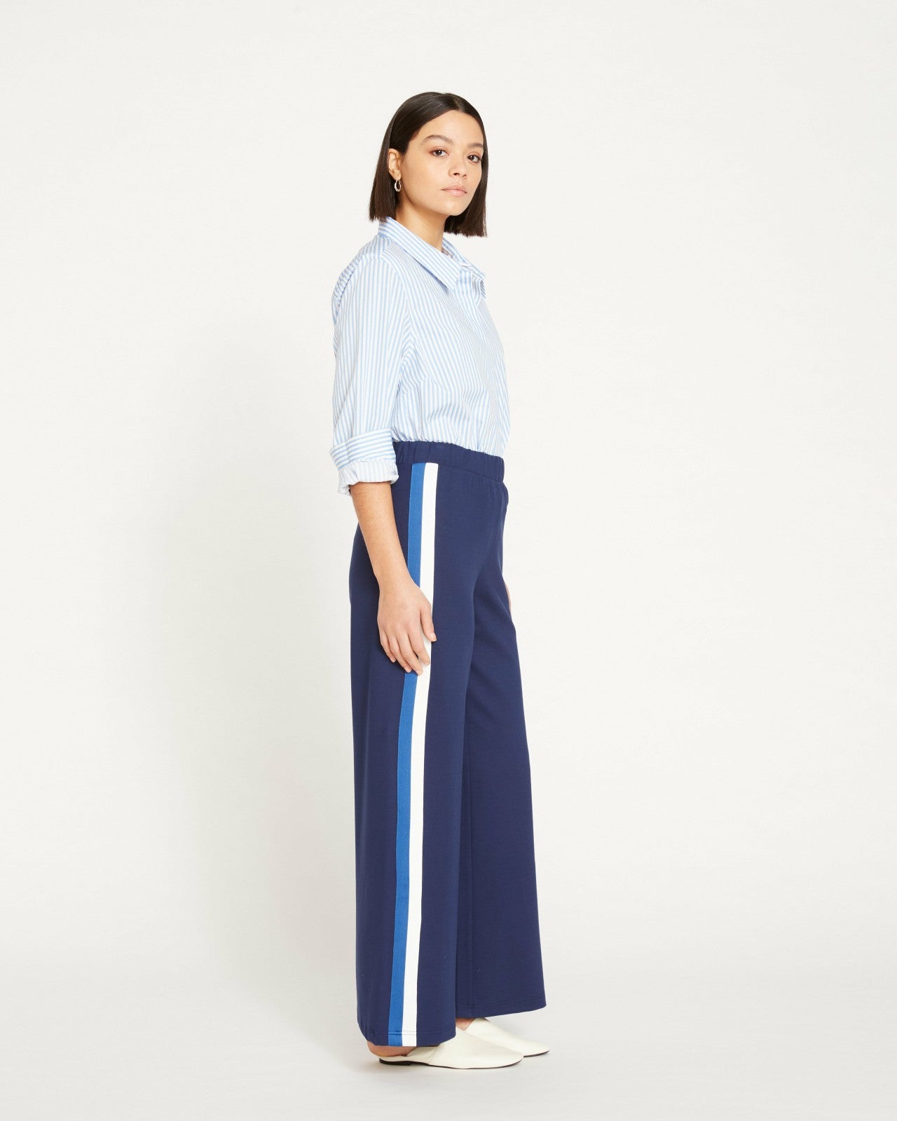 Universal Standard Stephanie Wide Leg Stripe Ponte Pants 30 Inch - Navy with Blue/White S