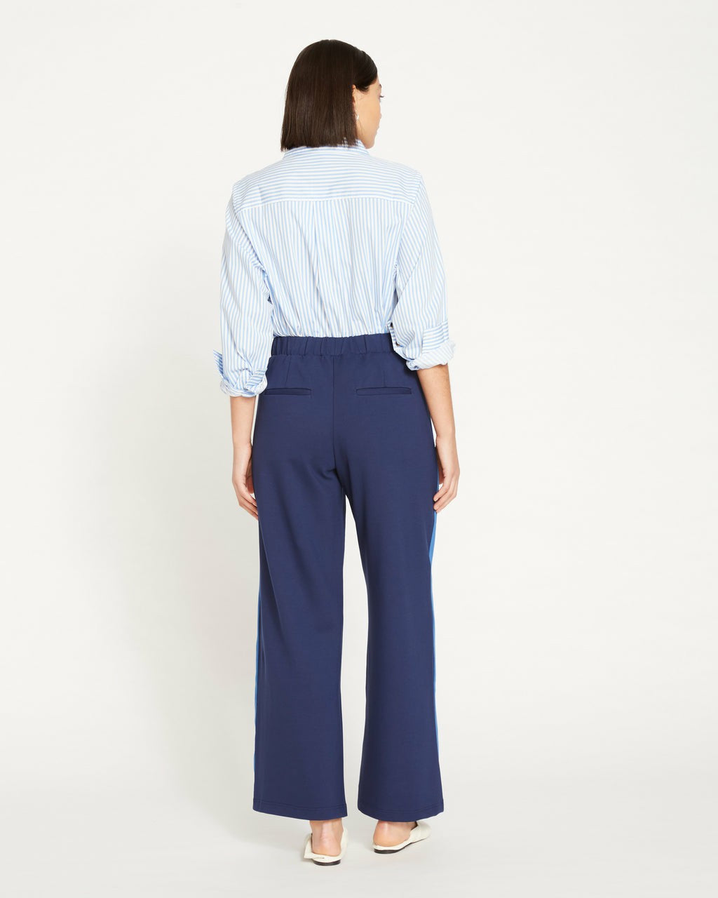 Universal Standard Stephanie Wide Leg Stripe Ponte Pants 30 Inch - Navy with Blue/White S