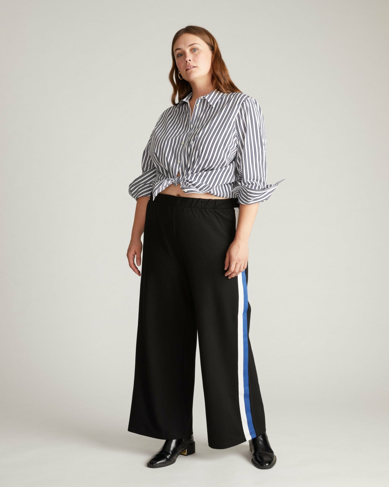 Universal Standard Stephanie Wide Leg Stripe Ponte Pants 30 Inch - Black with Blue/White