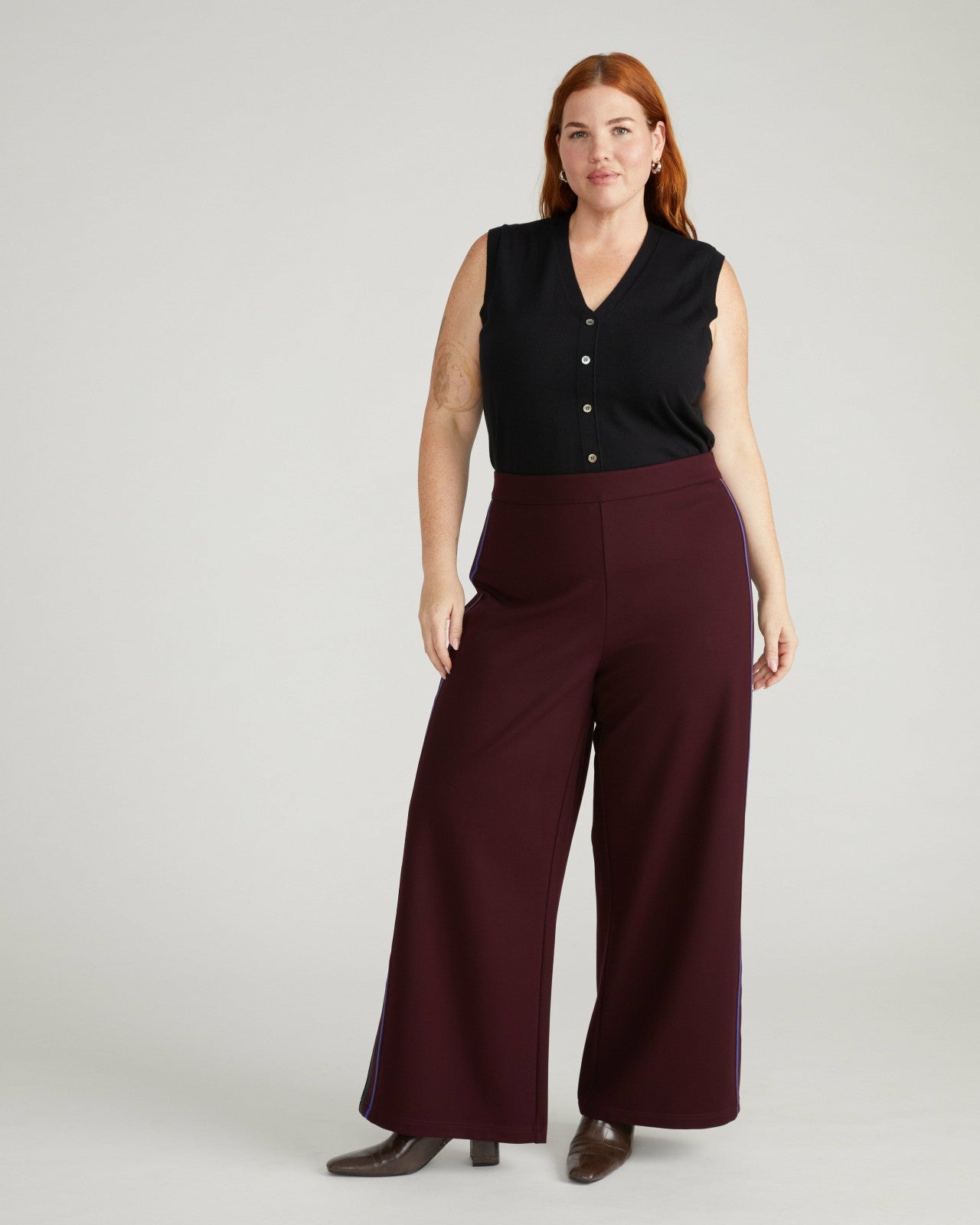 Universal Standard Stephanie Wide Leg Stripe Ponte Pants 30 Inch - Black Cherry with Gree