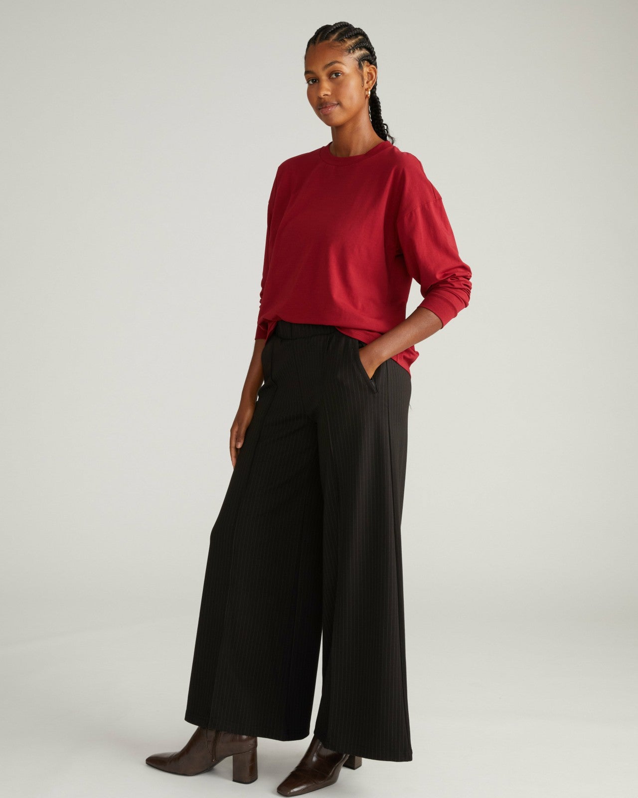 Universal Standard Pam Pintuck Wide Leg Ponte Pants - Slate Pinstripe