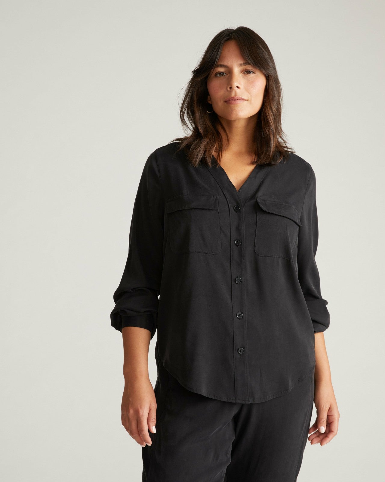Universal Standard Cooling Stretch Cupro Button-Down Blouse - Black