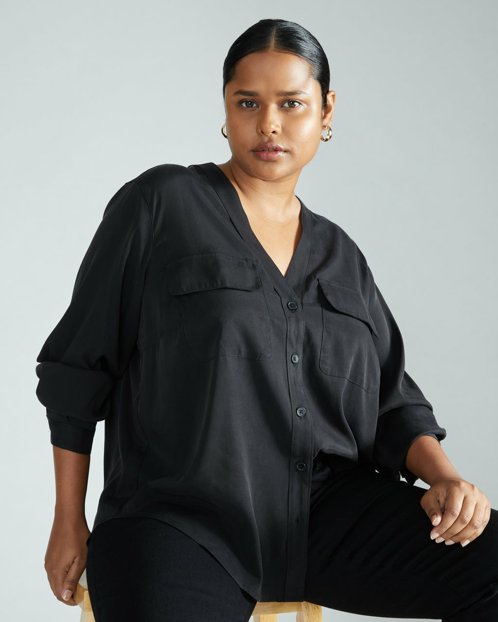 Universal Standard Cooling Stretch Cupro Button-Down Blouse - Black