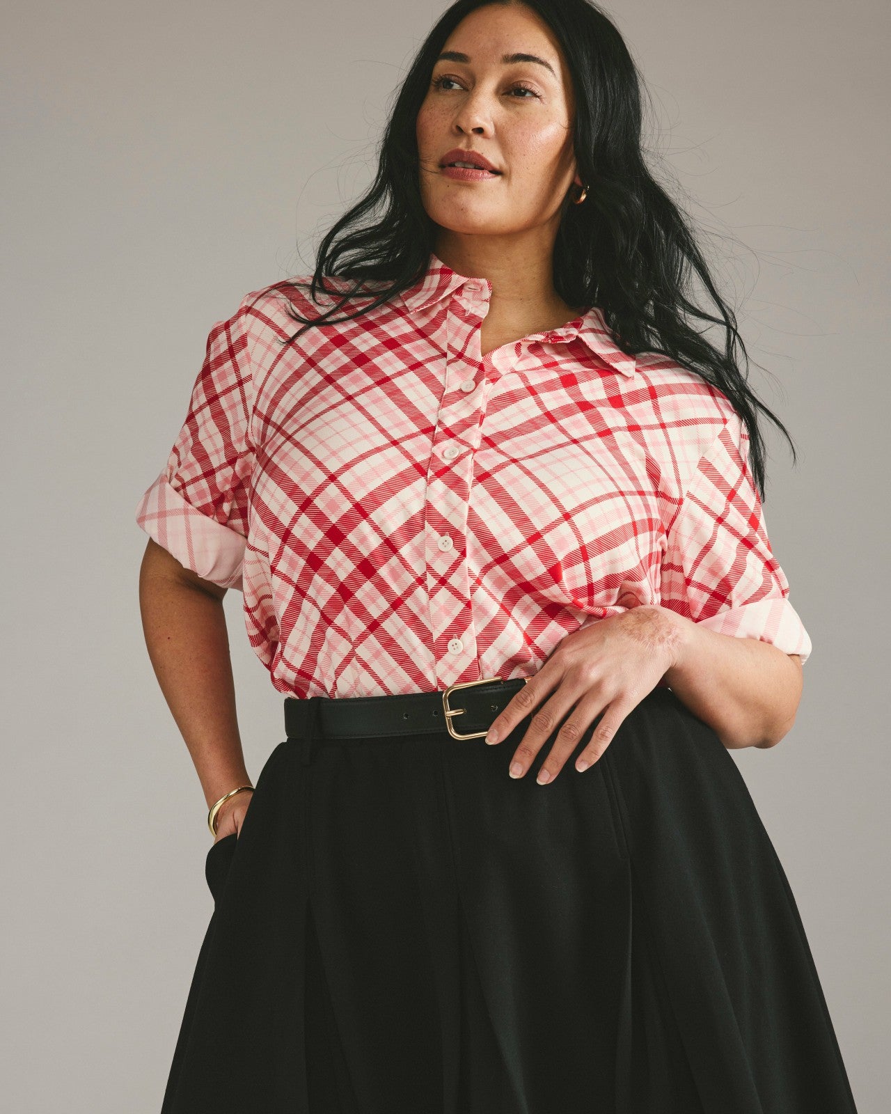 Universal Standard Cooling Stretch Cupro Artist Shirt - Red Plaid Print