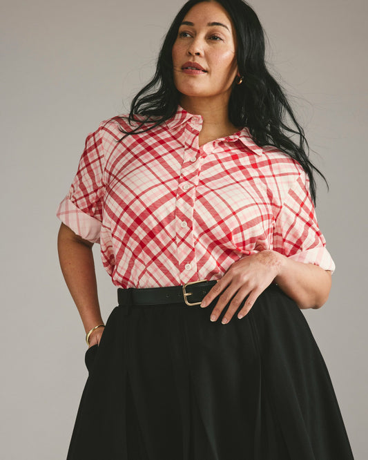 Universal Standard Cooling Stretch Cupro Artist Shirt - Red Plaid Print