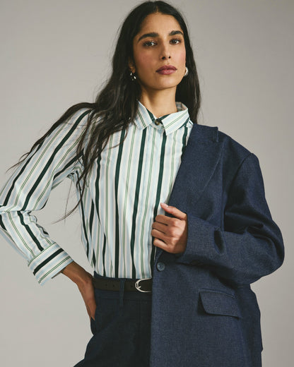 Universal Standard Elbe Stretch Poplin Shirt Classic Fit - Forest Green Multi Stripe