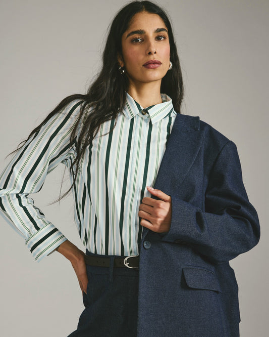 Universal Standard Elbe Stretch Poplin Shirt Classic Fit - Forest Green Multi Stripe