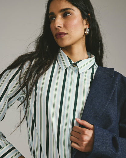 Universal Standard Elbe Stretch Poplin Shirt Classic Fit - Forest Green Multi Stripe
