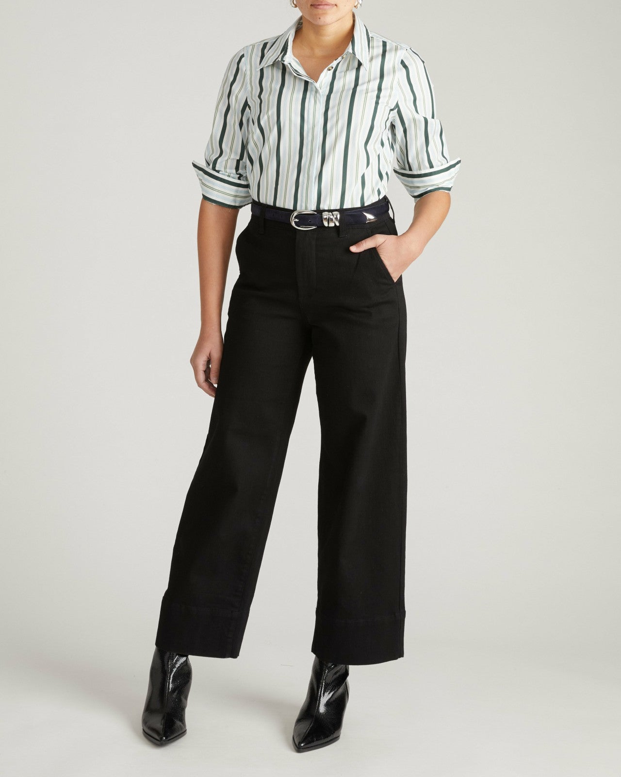 Universal Standard Elbe Stretch Poplin Shirt Classic Fit - Forest Green Multi Stripe