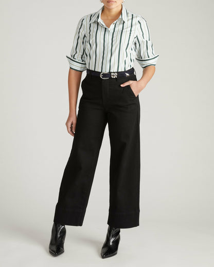 Universal Standard Elbe Stretch Poplin Shirt Classic Fit - Forest Green Multi Stripe