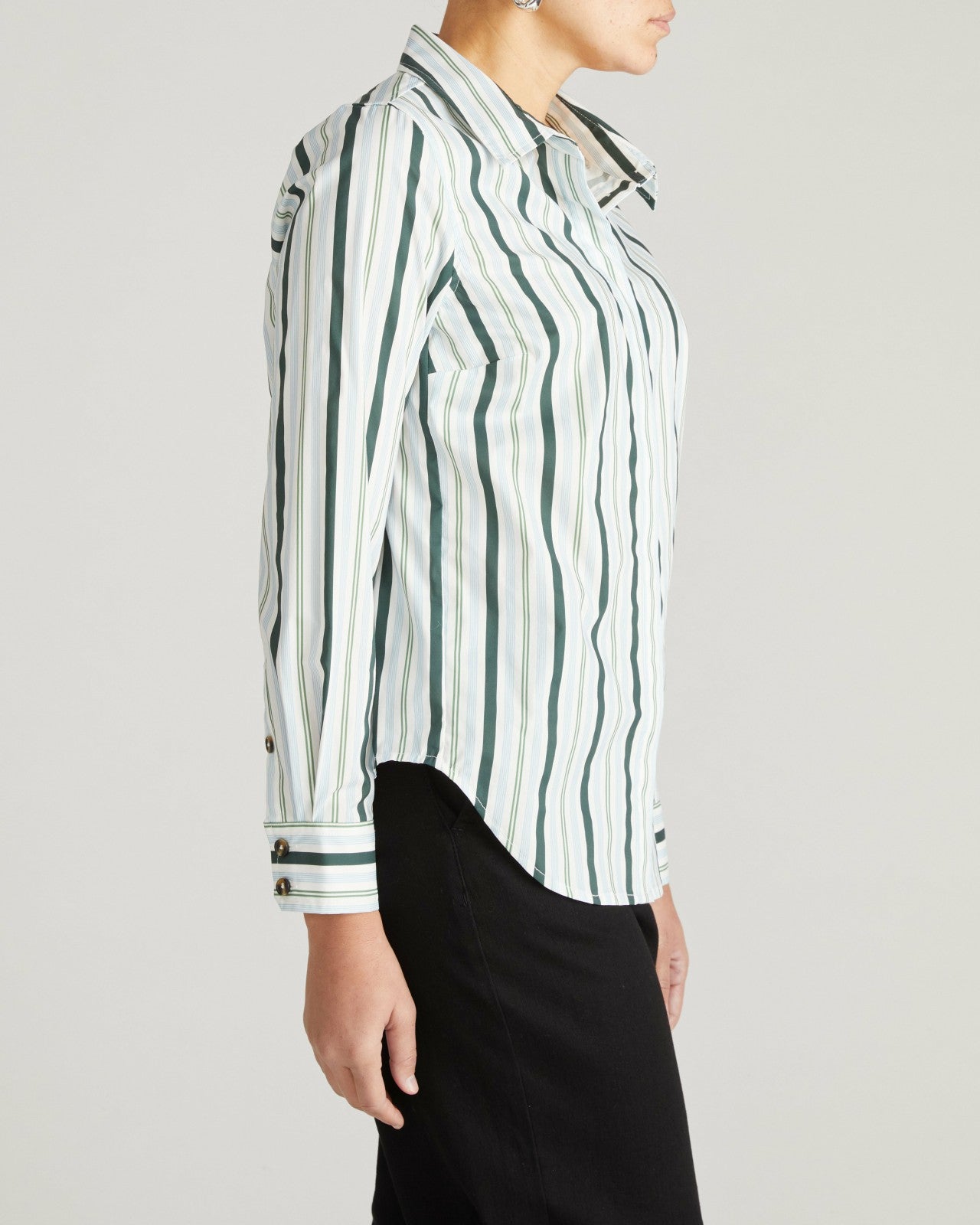 Universal Standard Elbe Stretch Poplin Shirt Classic Fit - Forest Green Multi Stripe