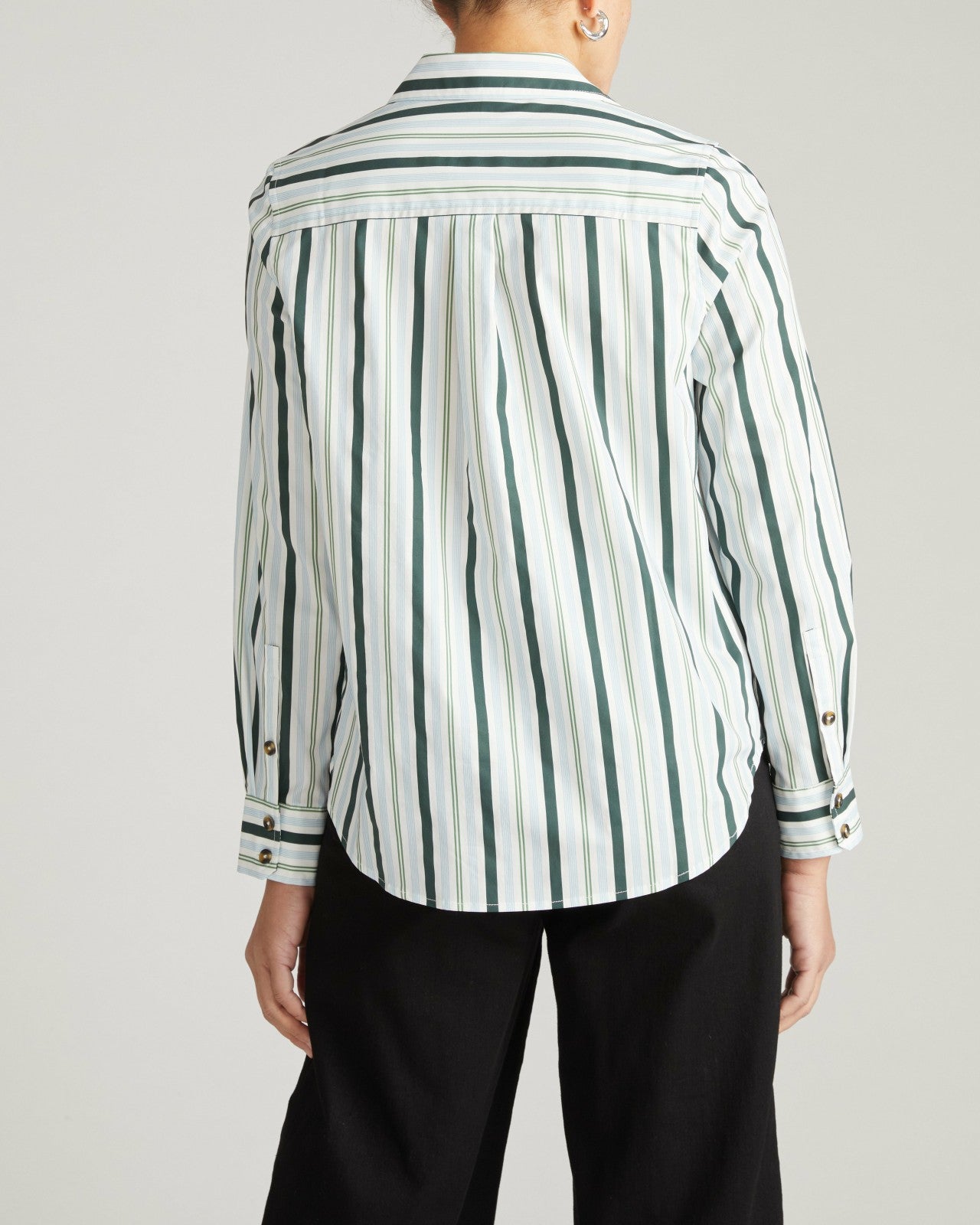 Universal Standard Elbe Stretch Poplin Shirt Classic Fit - Forest Green Multi Stripe