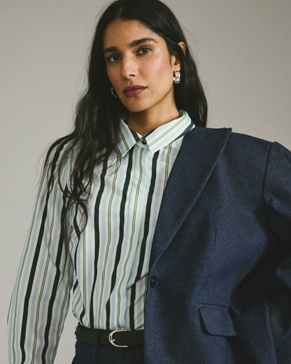 Universal Standard Elbe Stretch Poplin Shirt Classic Fit - Forest Green Multi Stripe