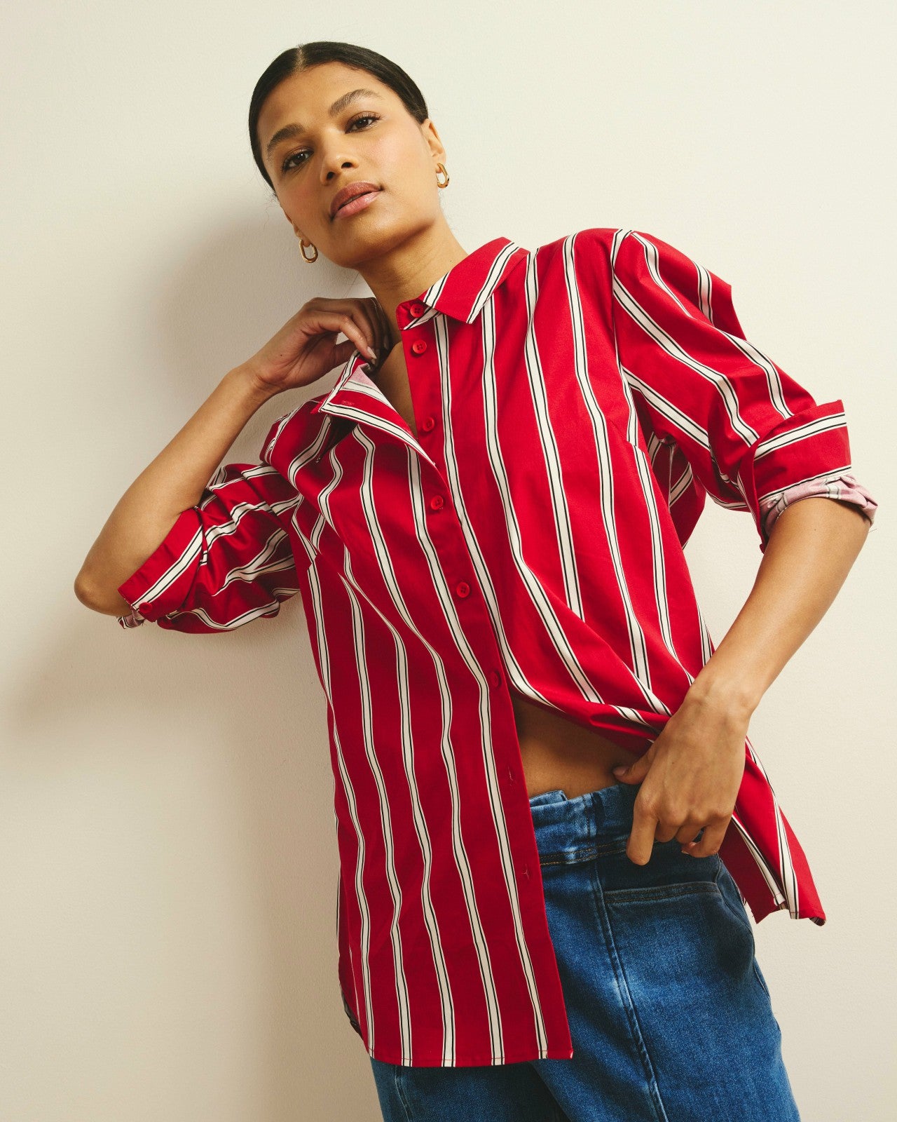 Universal Standard The Artist Poplin Shirt - Red/Black/White Stripe