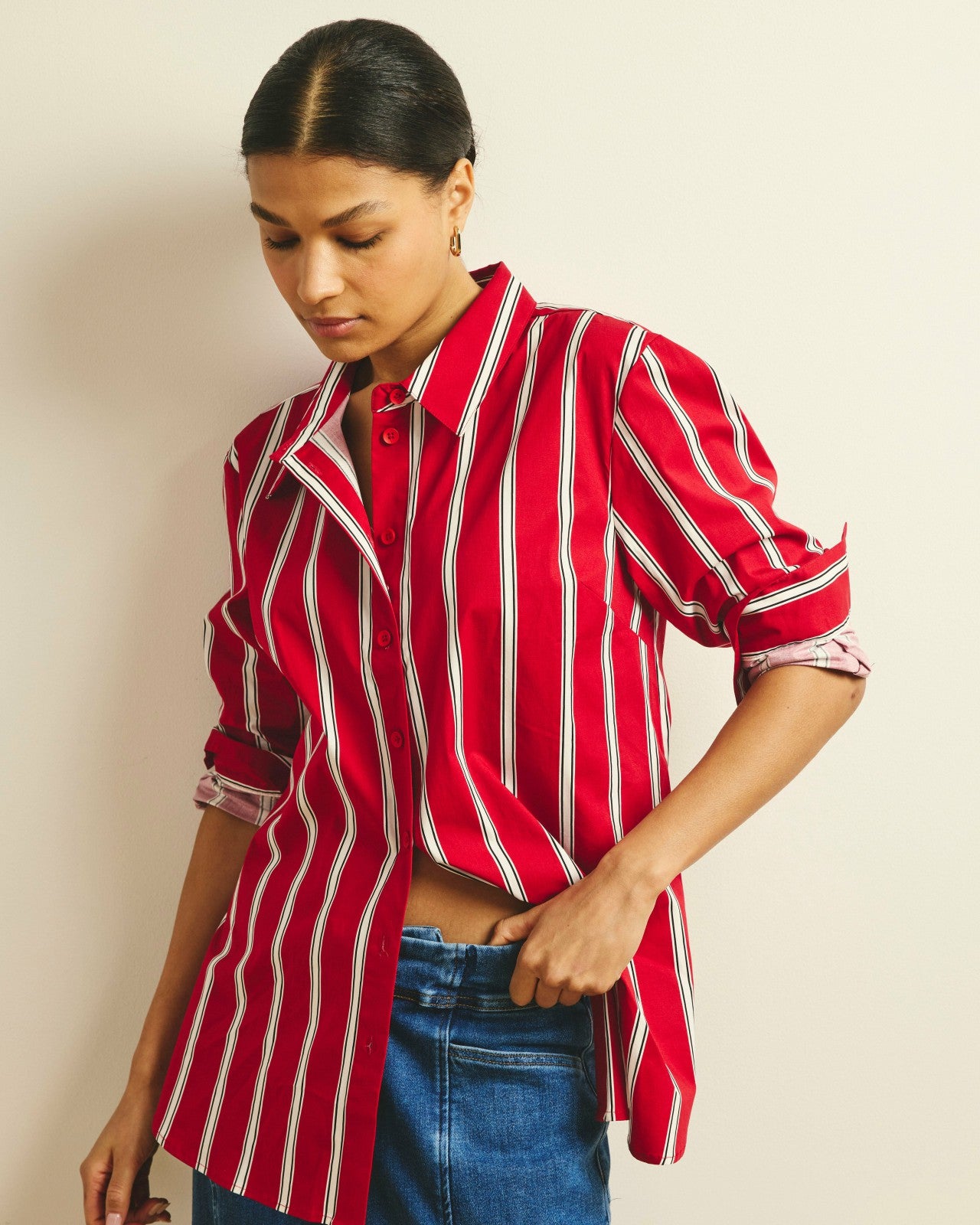 Universal Standard The Artist Poplin Shirt - Red/Black/White Stripe