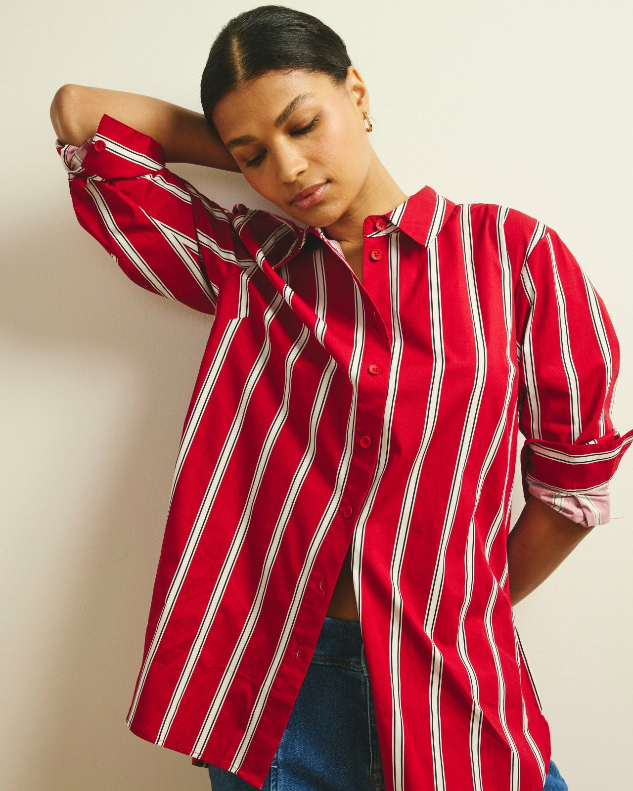 Universal Standard The Artist Poplin Shirt - Red/Black/White Stripe