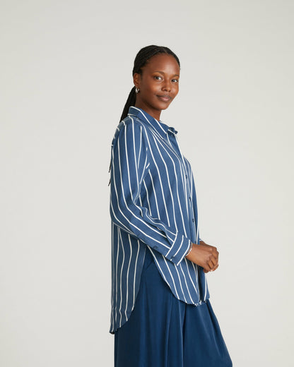 Universal Standard Cooling Stretch Cupro Artist Shirt - Ensign Blue/White Stripe