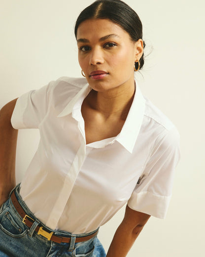 Universal Standard Elbe Stretch Poplin Short Sleeve Shirt - White
