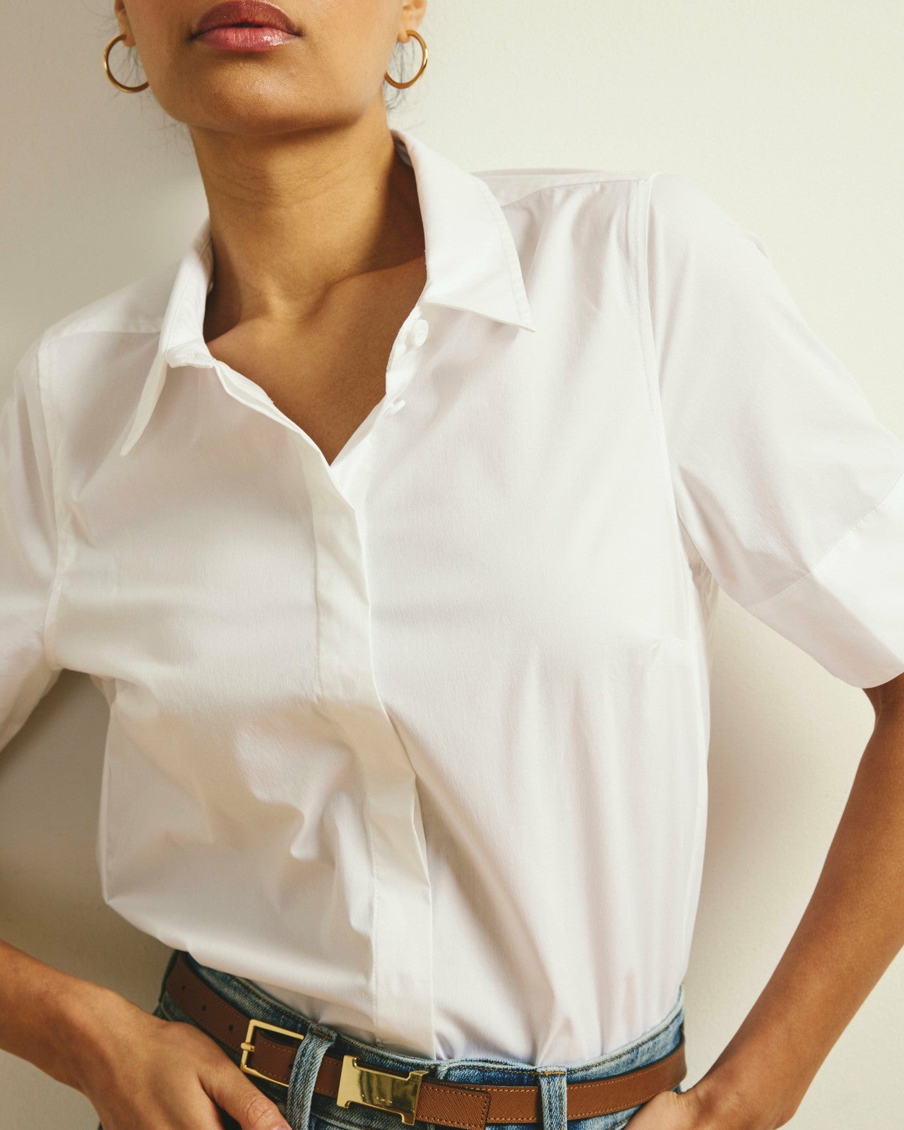 Universal Standard Elbe Stretch Poplin Short Sleeve Shirt - White