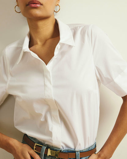 Universal Standard Elbe Stretch Poplin Short Sleeve Shirt - White