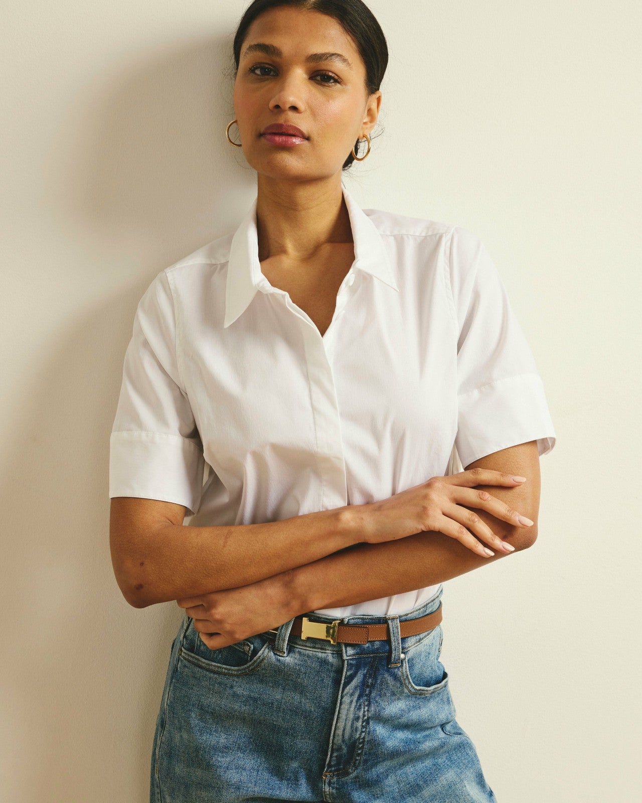 Universal Standard Elbe Stretch Poplin Short Sleeve Shirt - White