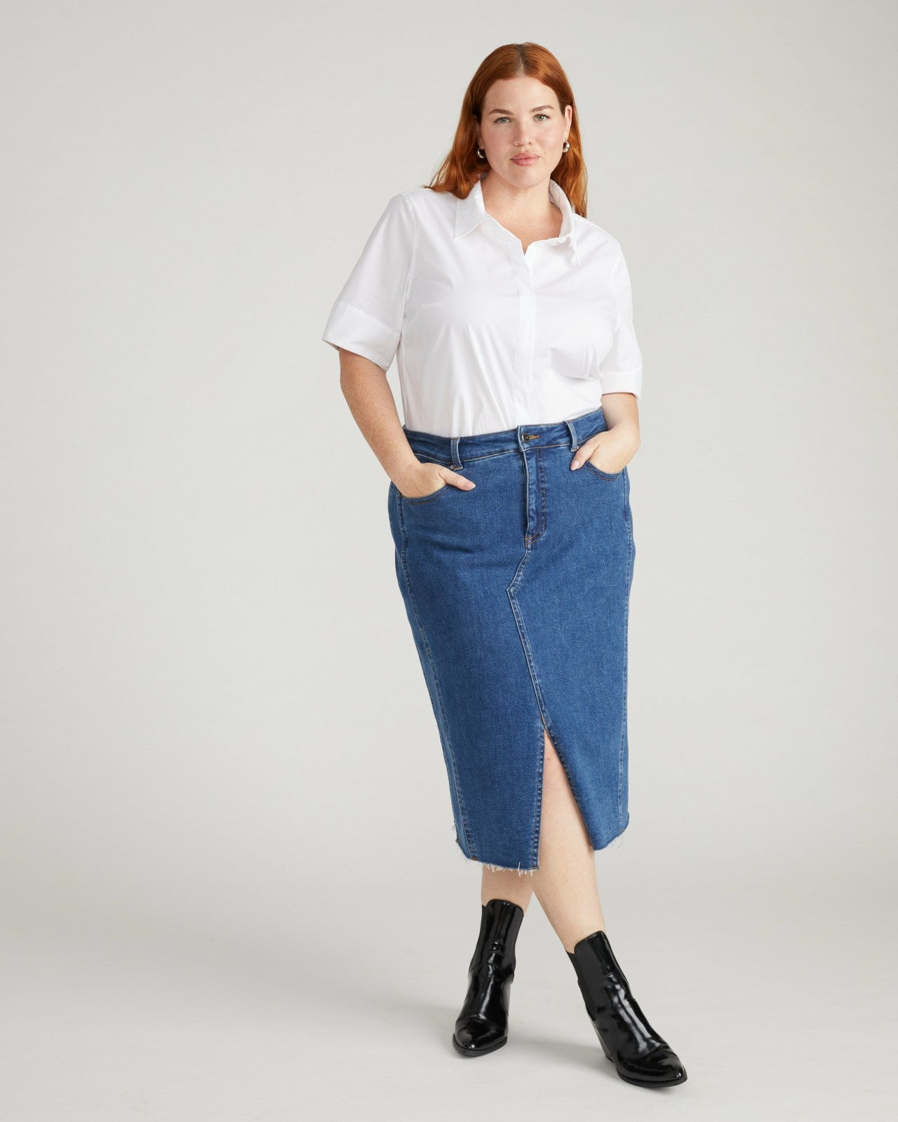 Universal Standard Elbe Stretch Poplin Short Sleeve Shirt - White
