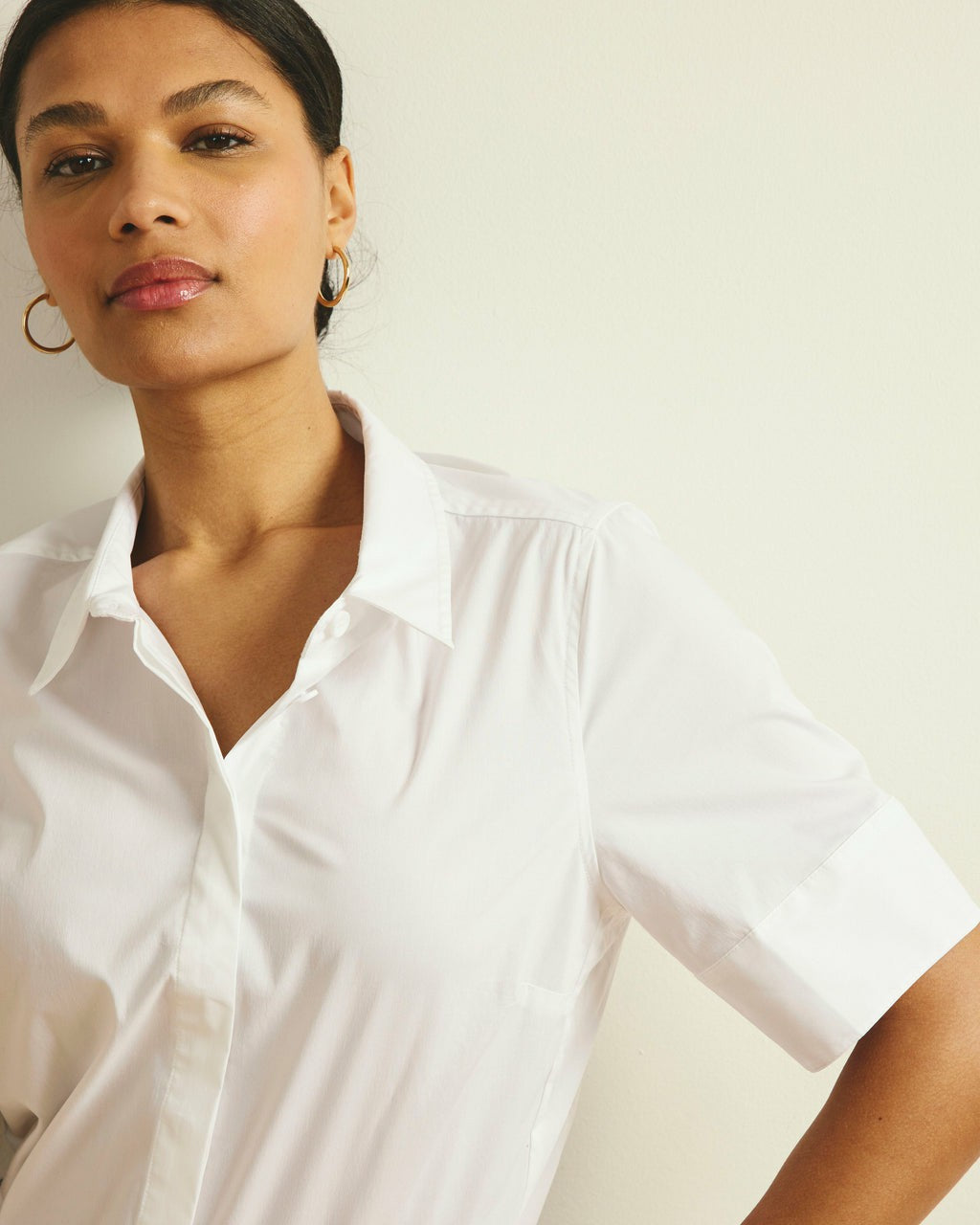 Universal Standard Elbe Stretch Poplin Short Sleeve Shirt - White