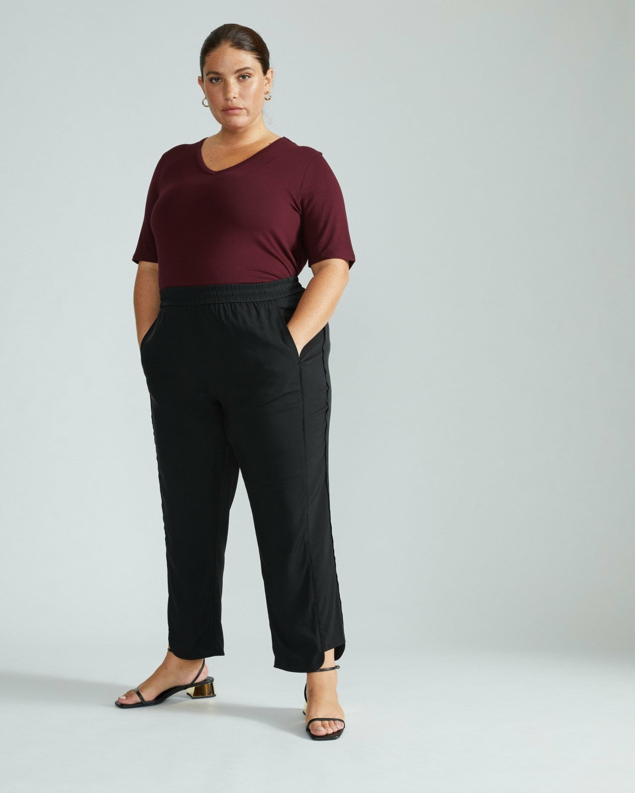 Universal Standard Lily Liquid Jersey V-Neck Stovepipe Tee - Black Cherry