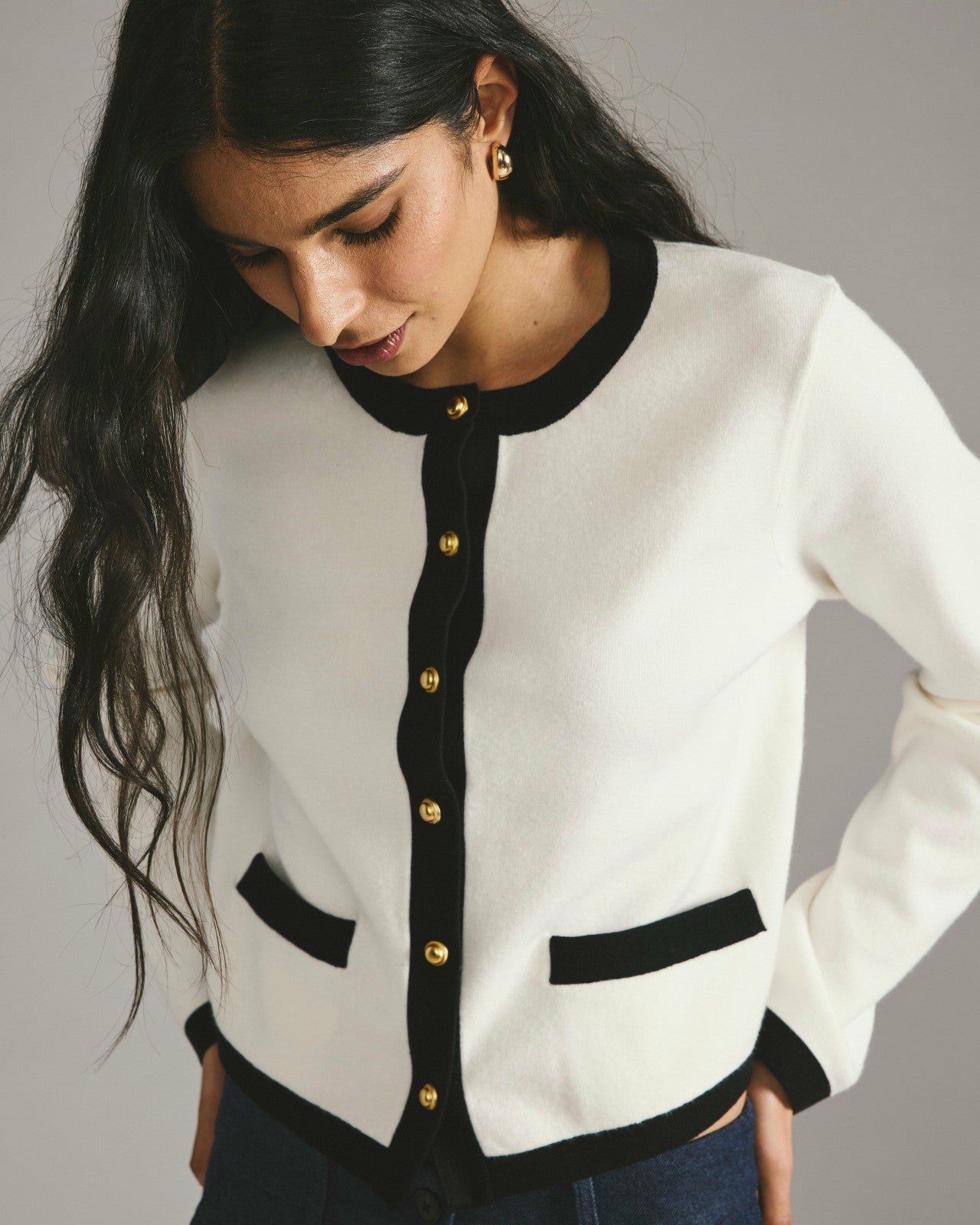 Universal Standard Gabrielle Button-Front Cardigan - Cream with Black Accents