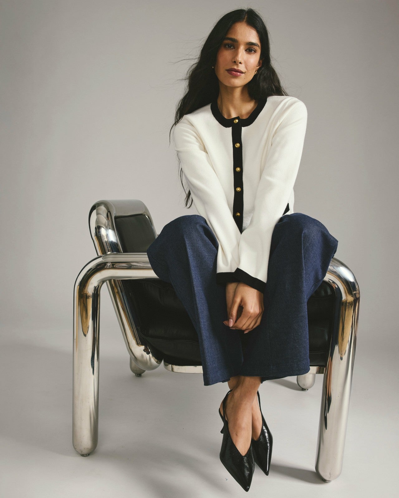 Universal Standard Gabrielle Button-Front Cardigan - Cream with Black Accents
