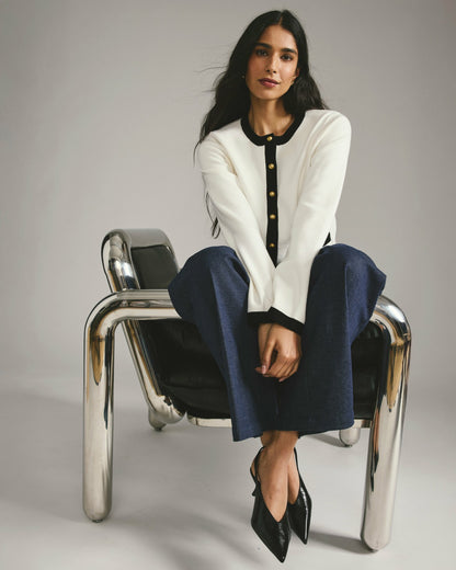 Universal Standard Gabrielle Button-Front Cardigan - Cream with Black Accents