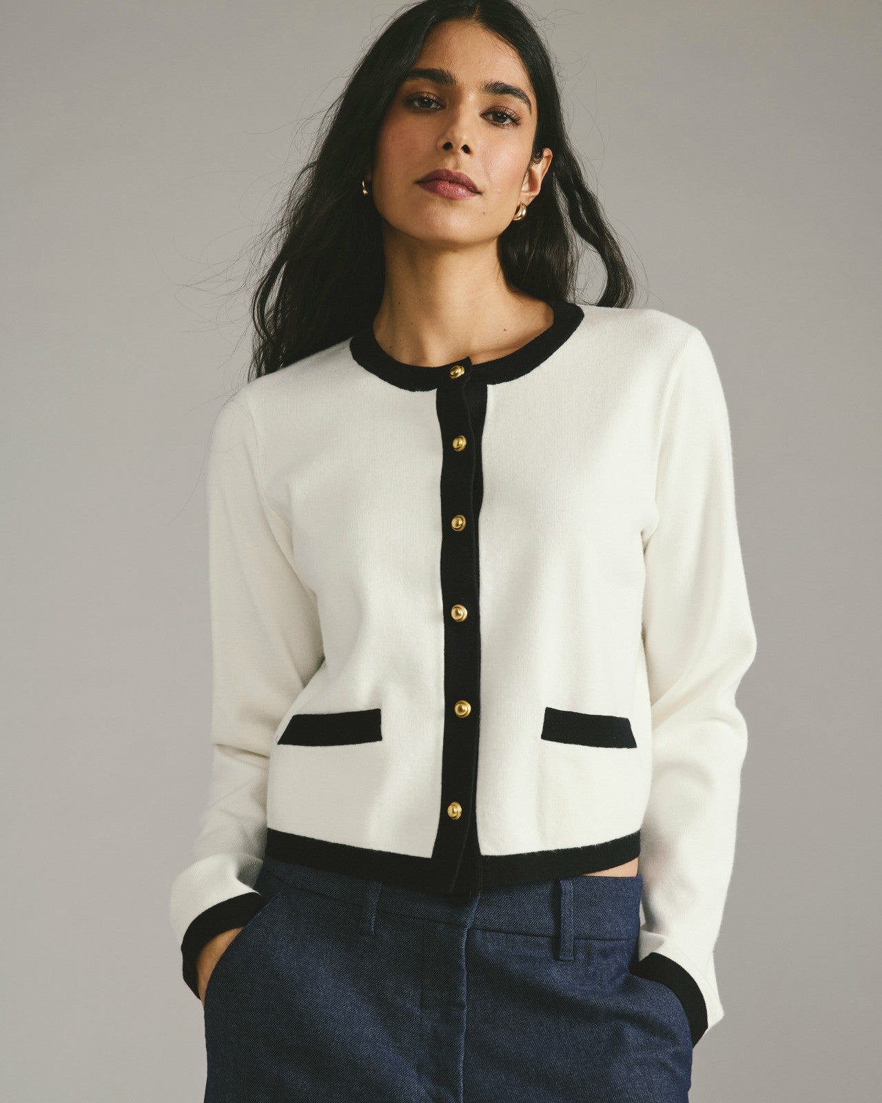 Universal Standard Gabrielle Button-Front Cardigan - Cream with Black Accents