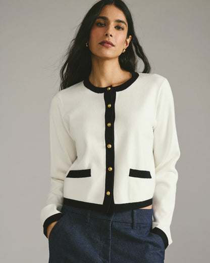 Universal Standard Gabrielle Button-Front Cardigan - Cream with Black Accents