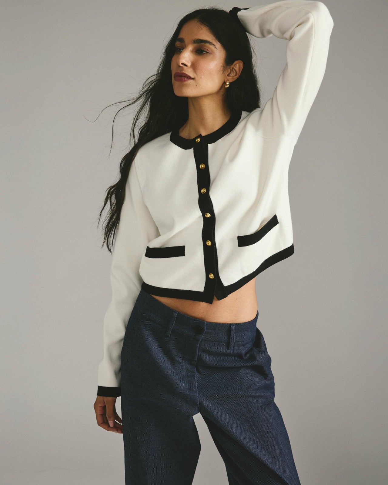 Universal Standard Gabrielle Button-Front Cardigan - Cream with Black Accents