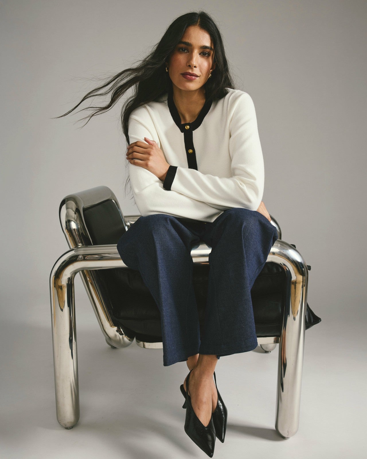Universal Standard Gabrielle Button-Front Cardigan - Cream with Black Accents